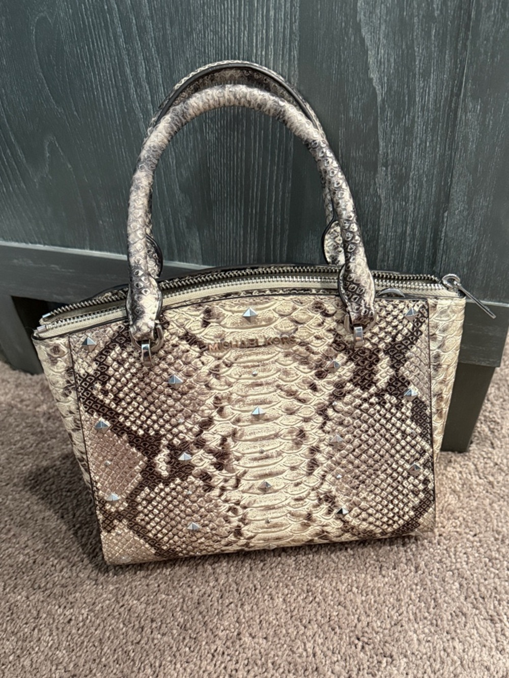Michael Kors Snake-Embossed Satchel in Beige and Brown